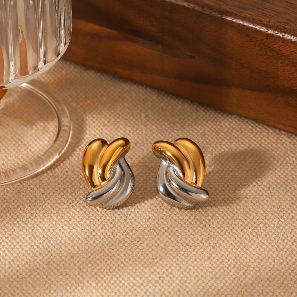 Gold and Silver Color-block Stainless Steel Earrings, Twisted Stud Design, Fashionable and Unique Titanium Steel Ear Jewelry