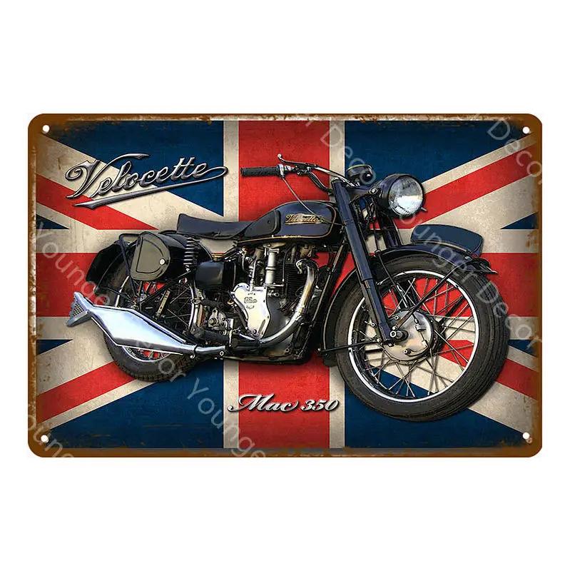 

Классические британские мотоциклы BSA Norton Velocette Douglas Ariel Металлическая табличка Жестяные знаки Настенное искусство Постер Винтажный декор для гаража 20x30cm（7.8x11.8inch）
