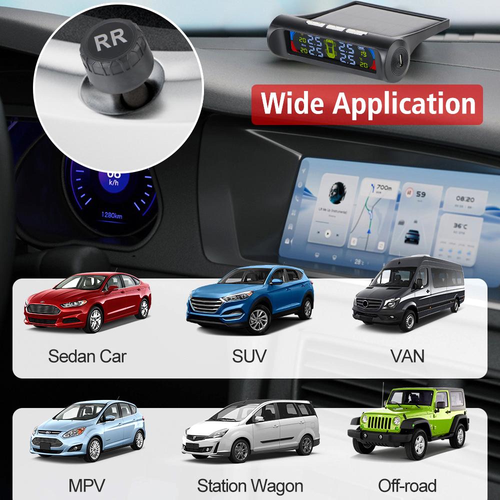 USB Solar TPMS 0-8Bar Car Tire Pressure Monitoring System Auto Security Alarm Systems Tyre Temperature Monitor with 4 Sensor