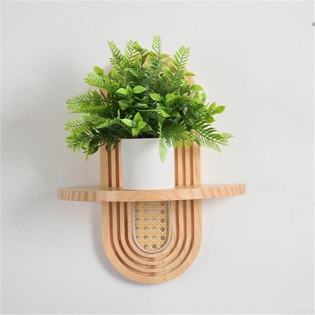 Mensola a Muro in Legno Naturale e Rattan Portapiante Galleggiante Fatto a Mano Espositore Per Arredamento Casa Soggiorno Camera da Letto Stanza dei Bambini