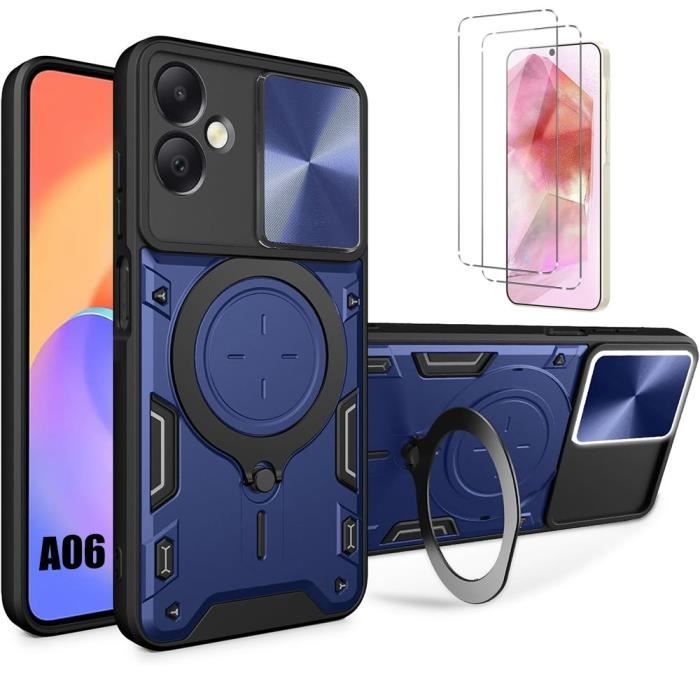 Coque et 2 verres trempés pour samsung galaxy a06, coque avec cache caméra et support métal - bleu marine