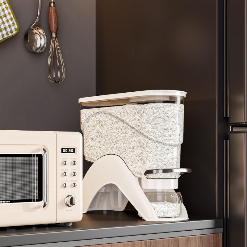 ABS Rice Storage Container with Press Section, Clear Bin and Removable Cup for Countertop Kitchen and Cabinet Access