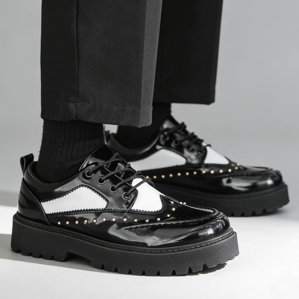 Fashion Rivet Casual Leather Men Shoes Comfortable Wallking Sneakers Lace Up Non Slip Wear Daily Business Preppy Platform Shoes