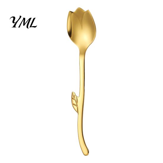 Glossy Metal Cutlery Tulip Shaped Stainless Steel Spoon, Long Handle Coffee Ice Cream 304 Spoon Dessert Serving with Hanging Hook, Kitchen Flatware