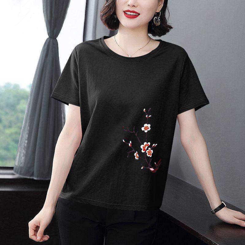 Dam Kortärmad Bomull Kortärmad Lös Enfärgad T-shirt Rund Hals Bekväma Toppar