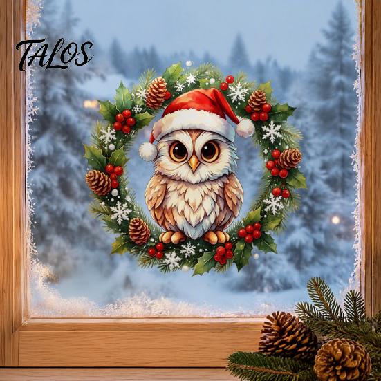 Indoor Winter Scene Decor Christmas Owl Wreath Static Window Cling, Holiday Glass Sticker, Waterproof PVC Film No‑Glue Reusable Decal for Home Shop
