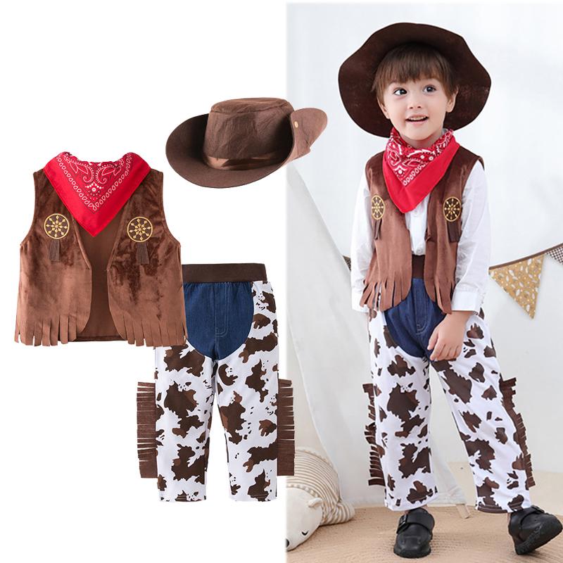 Baby Clothes Boys Cowboy Costume For Children Children Cosplay Clothing Sets Vest+Trousers Pants+Scarf+Hat 4pcs Toddler Outfits Suit