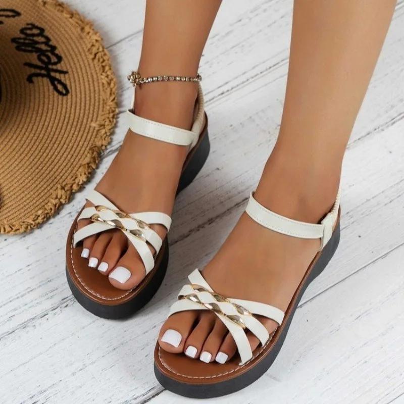 

Lucyever Легкие босоножки на высоком каблуке для женщин 2024 Летние женские сандалии-гладиаторы с пряжкой на щиколотке Босоножки на плетеной платформе для женщин 43 белый