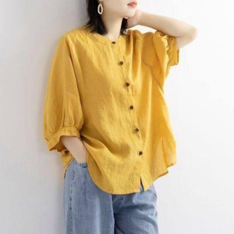 Women's Summer Red Linen Blend Button Down Lantern Sleeve Blouse