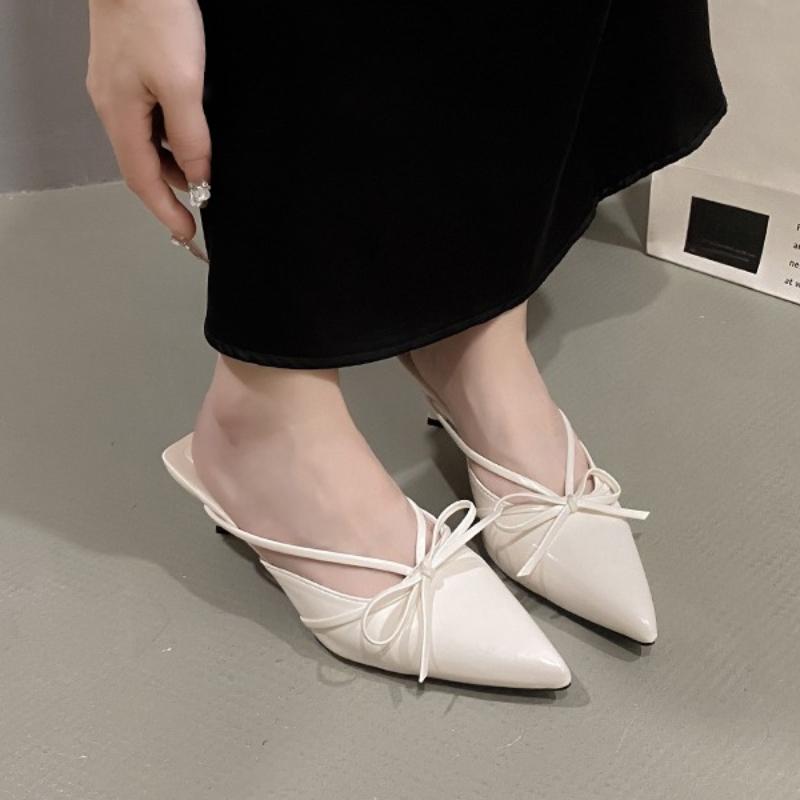 Fashion 2025 New Baotou Stiletto Slippers Summer New Pointed Toe Shallow Mouth Bow Slip Foot Anti-slip Wear-resistant High Heels