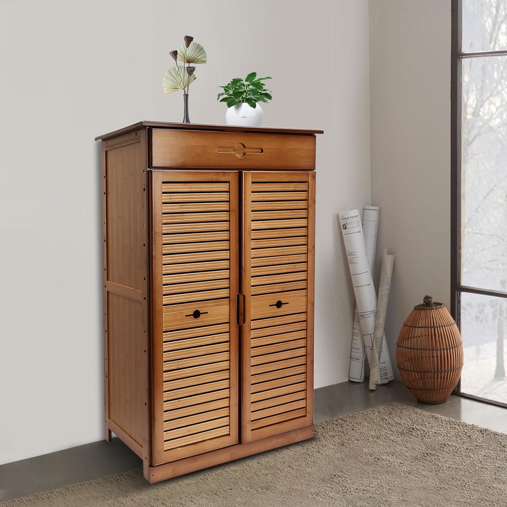 5-Tier Bamboo Shoe Cabinet W/ Drawer & Doors, Retro Entryway Storage Organizer, Solid Wood Shoe Rack for Hallway, Natural Brown