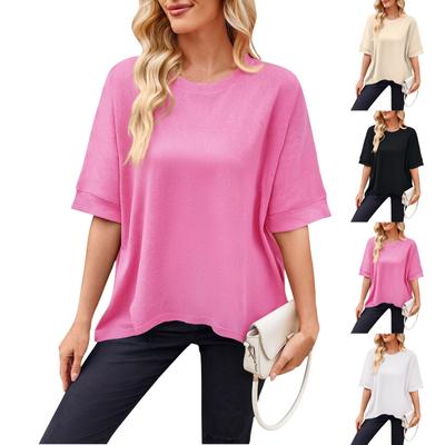 Damen T-Shirt mit Rundhalsausschnitt, einfarbig, lässig, locker, kurzärmelig