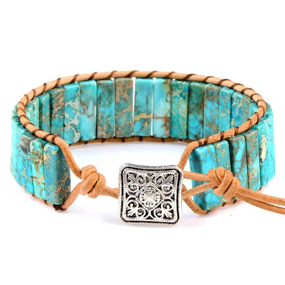 High Quality Multicolor Bracelet Natural Stone Gem Leather Tibetan Gypsy Adjustable Bead Wrap Bracelet Jewelry Collection синий
