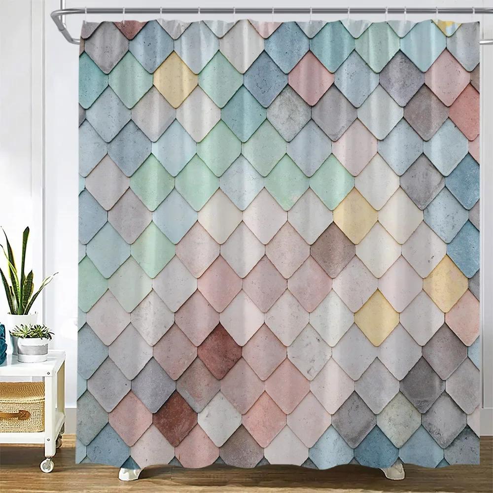 Abstract Marble Shower Curtains Retro Stone Wall Creative Black and White Plaid Geometric Bath Curtain Fabric Bathroom Decor Set