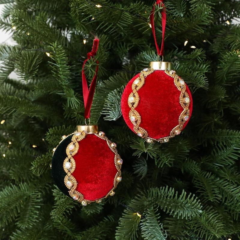 Christmas Tree Ball Hanging Ornament Velvety Bauble Decoration with Beaded Trim for Holiday Tree Wreath Styling