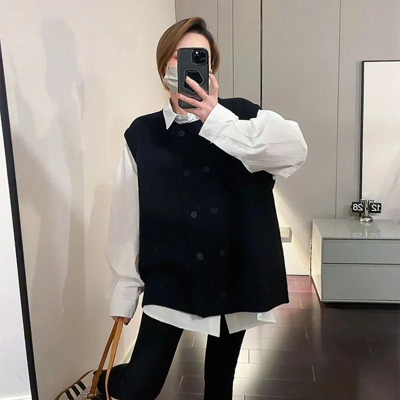 Women's Plus Size Loose Round Neck Knitted Vest Daily Casual Double Breasted Solid Color Top