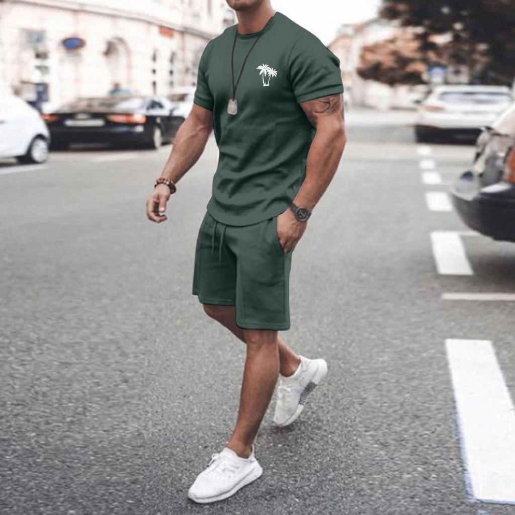 Ανδρικά Σετ Δύο Τεμαχίων Καλοκαιρινά Casual Μυώδη Μπλουζάκια Κοντομάνικα και Κλασικής Γραμμής Αθλητικά Σορτς Σετ Φόρμας