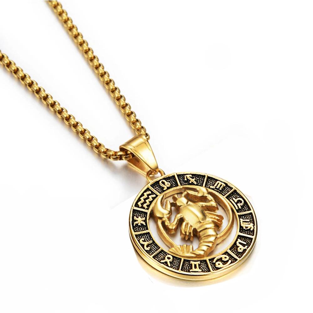 Gold Stainless Steel Zodiac Necklace Leo Scorpio Pendant for Women Men 12 Constellation Round Charm Jewelry Gift