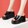 9.5cm Small Size 32-43 Comfortable Chunky Platform Shoes Genuine Leather Slippers 2025 High Heels Wedges Slides Office Model