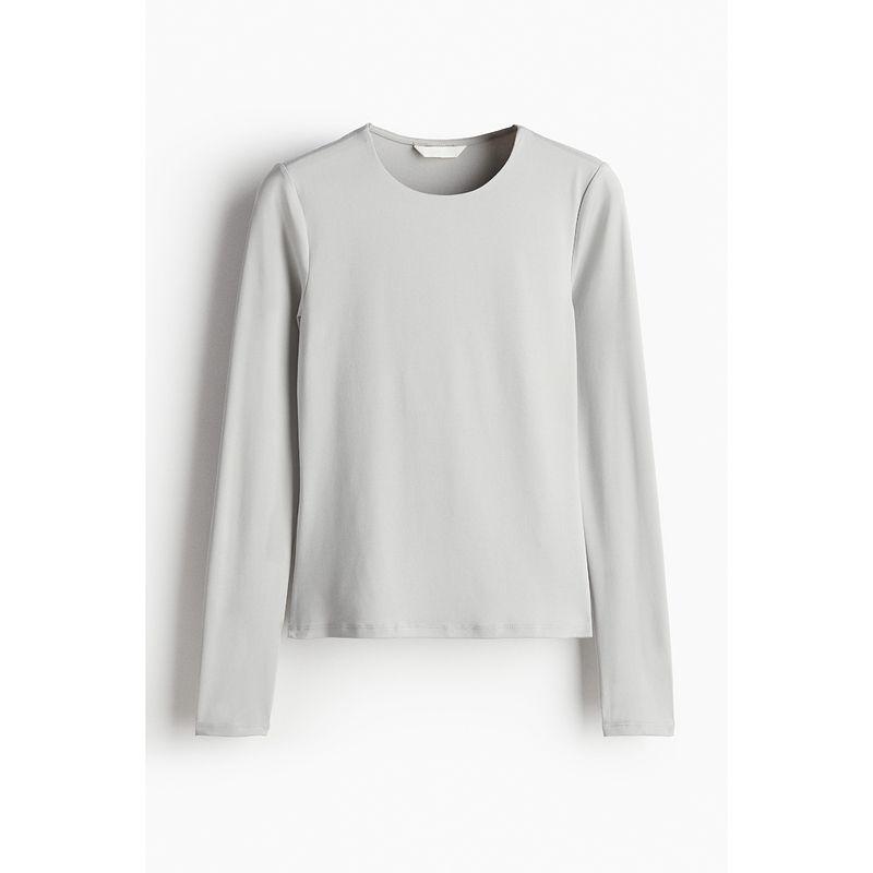 

HM Women s T-shirt Autumn Simplicity Base Silm Knitting Plaid round Neck Long Sleeve Top 1246803 Light gray 155/76(XXS)