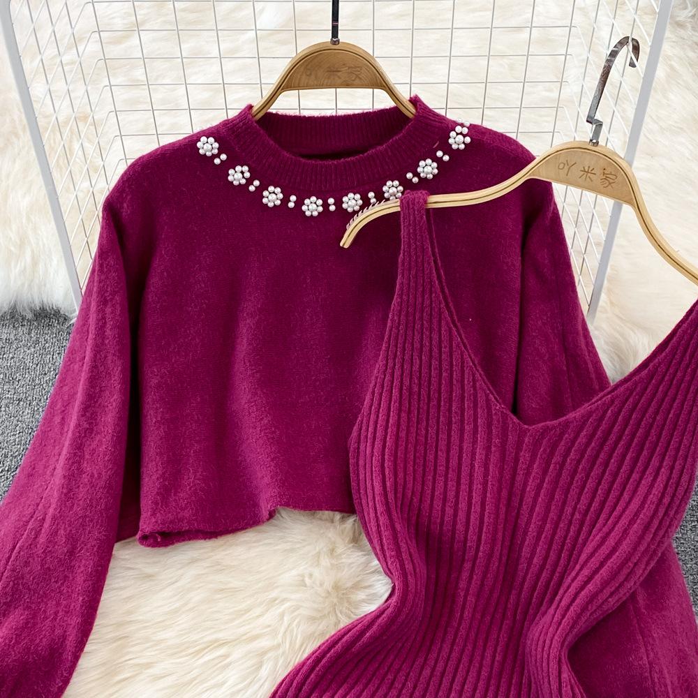 Dames herfst winter O-hals kralen hoge taille korte open naveltrui tweedelige gebreide tanktopjurk