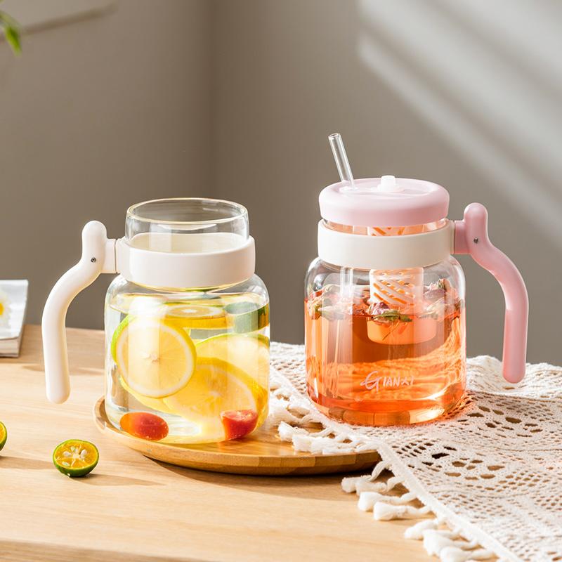 1000ML Sklenice s víčkem a brčkem Domácí kuchyně Průhledný tumbler s brčkem Šálek na kávu s uchem Láhev na vodu