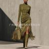 Rochie Midi de Damă din Piele de Cămilă cu Franjuri, Falduri Split, Croială Slim Fit, Talie Înaltă, Mânecă Lungă