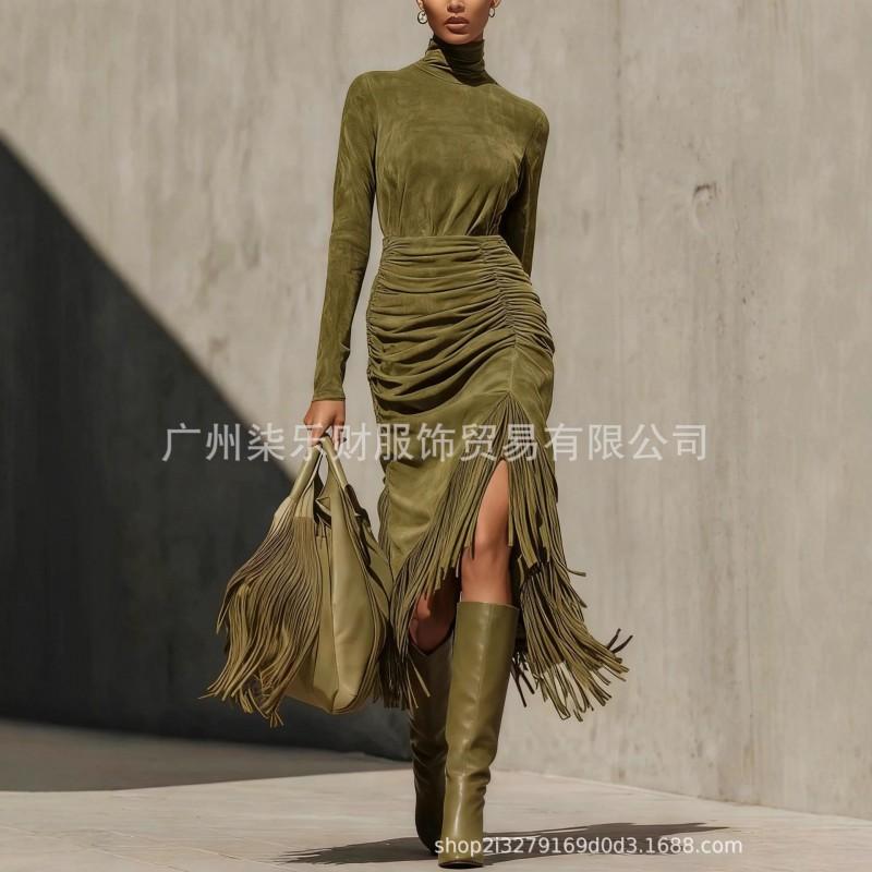 Rochie Midi de Damă din Piele de Cămilă cu Franjuri, Falduri Split, Croială Slim Fit, Talie Înaltă, Mânecă Lungă