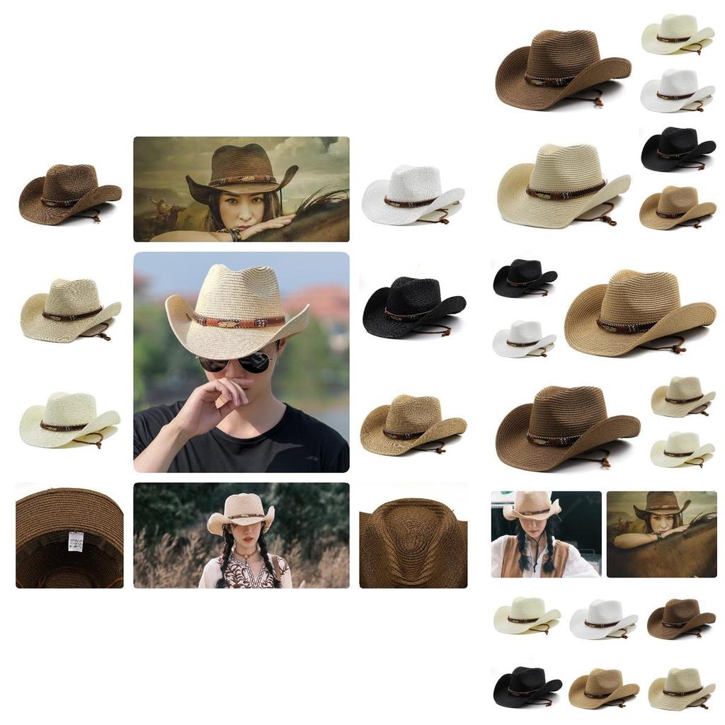 Adjustable Western Cowboy Straw Hat For Women Perfect For Outdoor Beach Activities With Sun Protection And Stylish Brim
