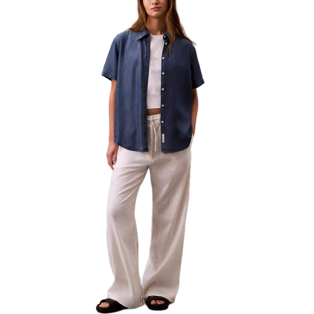 Calvin Klein Soft Solid Color Pointed Collar Loose Short Sleeve Shirt Women Shirts Blue 47B937G-420