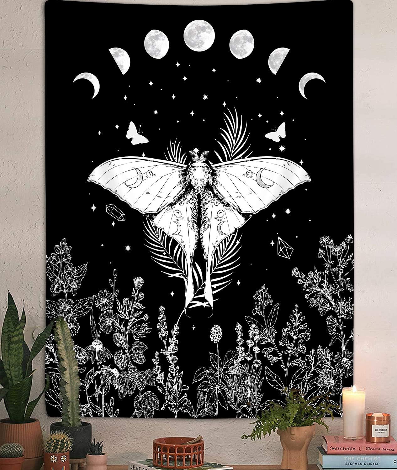 Trippy Witchy Vertical Tapestry Black and White Moth Floral Moon Tarot Tapestry Wall Hanging for Bedroom Dark Aesthetic Nature 74x94cm(29x37in)