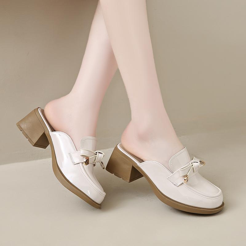 Fashion CRLAYDK Summer Mules Heels for Women Chunky Slip On Closed Round Toe Slides Backless Leather Bow Office Lady Dress Shoes