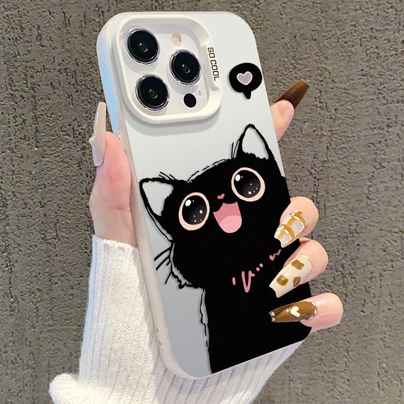 Adorable Black Cat iPhone Case - Compatible with iPhone 13/14Pro/15Pro Max/16 Pro/17, Silver Color