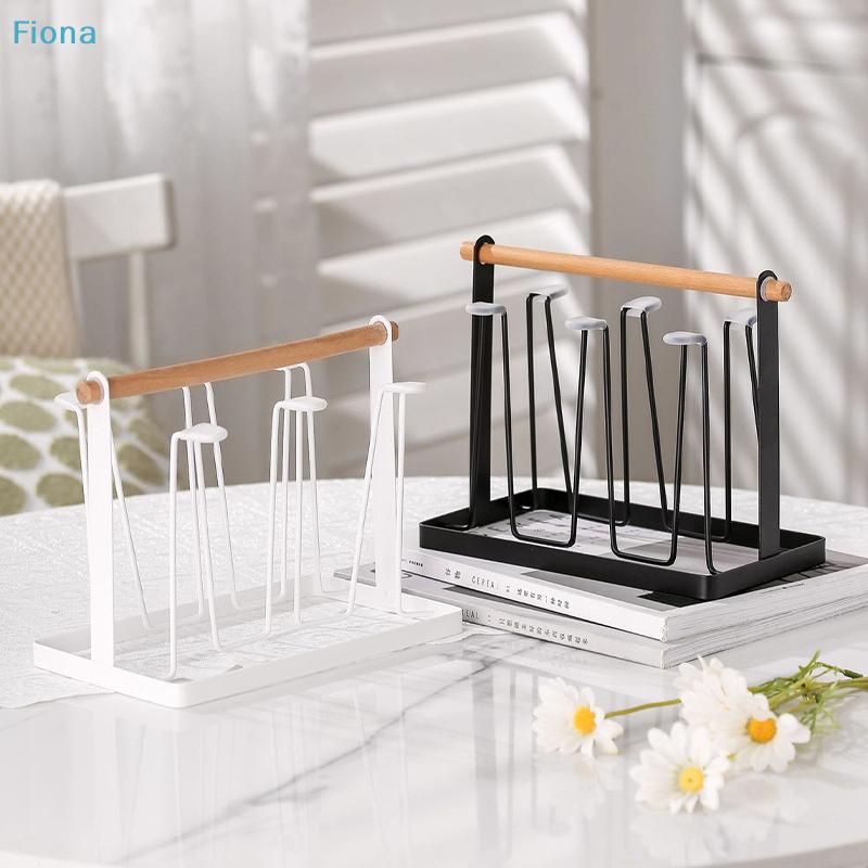 6-Cup Glass Cup Drying Rack with Wooden Handle, Countertop Cup Organizer with Drip Tray for Kitchen & Bar