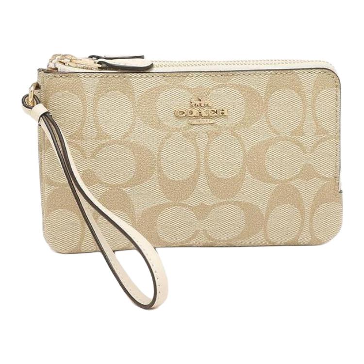 Coach Corner Zip 16 Double Layer Monogram Print Double Zipper Clutch Women Clutch Light-Khaki White 87591-IMDQC