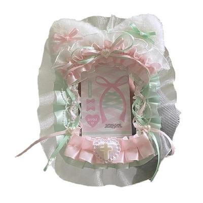 Ruffled Lace Trim Photocard Case Cats Ears Photo Card Case with Beads Chain Photocard Protector Sleeve for Women