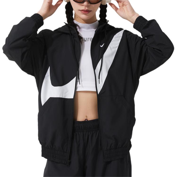 ახალი Nike Sportswear Classic ქალის თავისუფალი მორგების ულტრაიისფერი დაცვის ლოგოიანი ქურთუკი მთელ სიგრძეზე ელვა შესაკრავით HM8972-010
