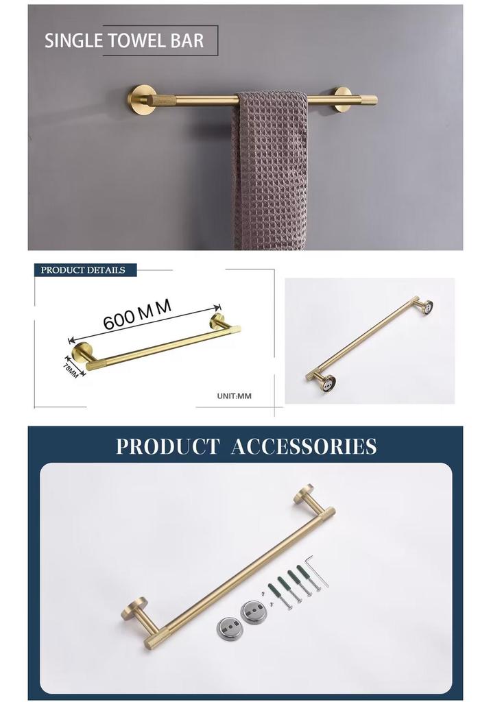 Luxury Brushed Gold Bathroom Accessory Set: Towel Rack, Bar, Paper Holder, Hook, Soap Dispenser.
