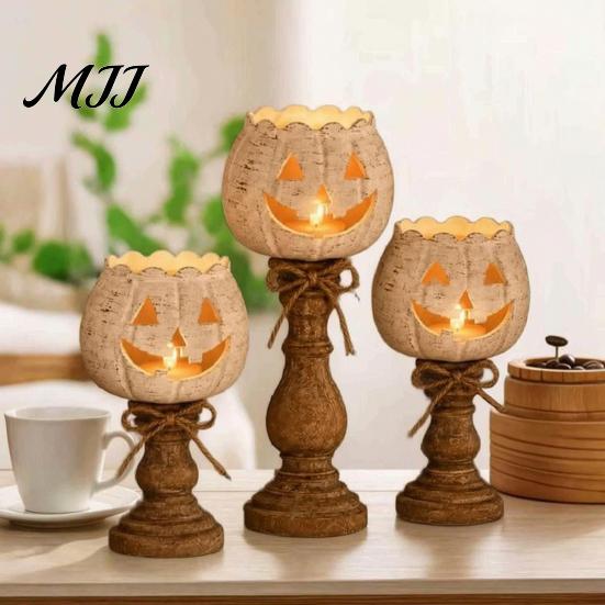 Distressed Resin Pumpkin Ornaments Rustic White Tealight Candle Holder Set, Farmhouse Halloween Tea Light Decorative Lanterns for Autumn Holders