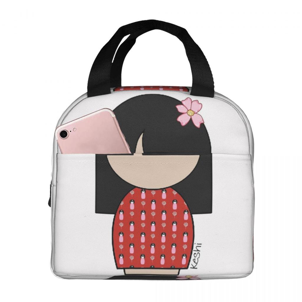 Japanese Sakura Kokeshi Doll Insulated Lunch Bag for Women Kids Leakproof Food Boxes Thermal Lunch Box Tote