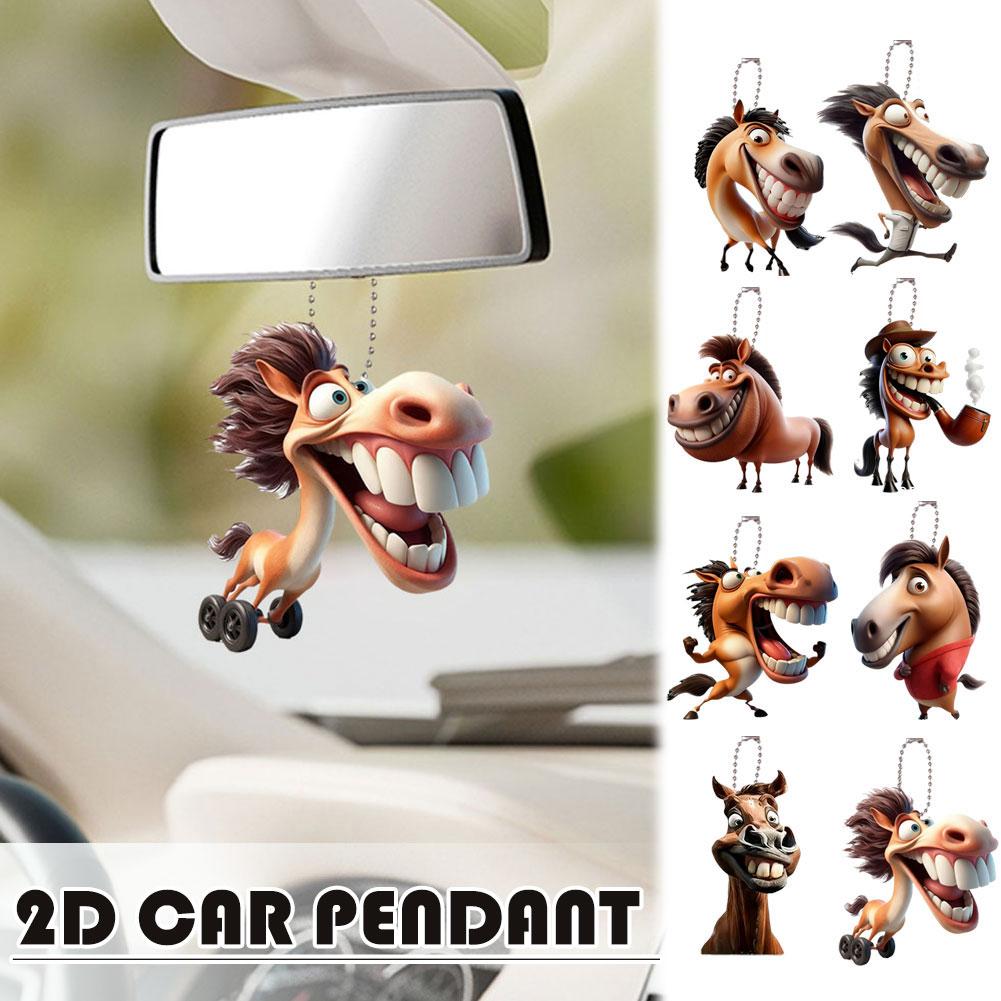 2D Funny Big Mouth Horse RearView Mirror Pendant Auto Interior Car Realistic Animal Hanging Ornament Car Interior Accessories