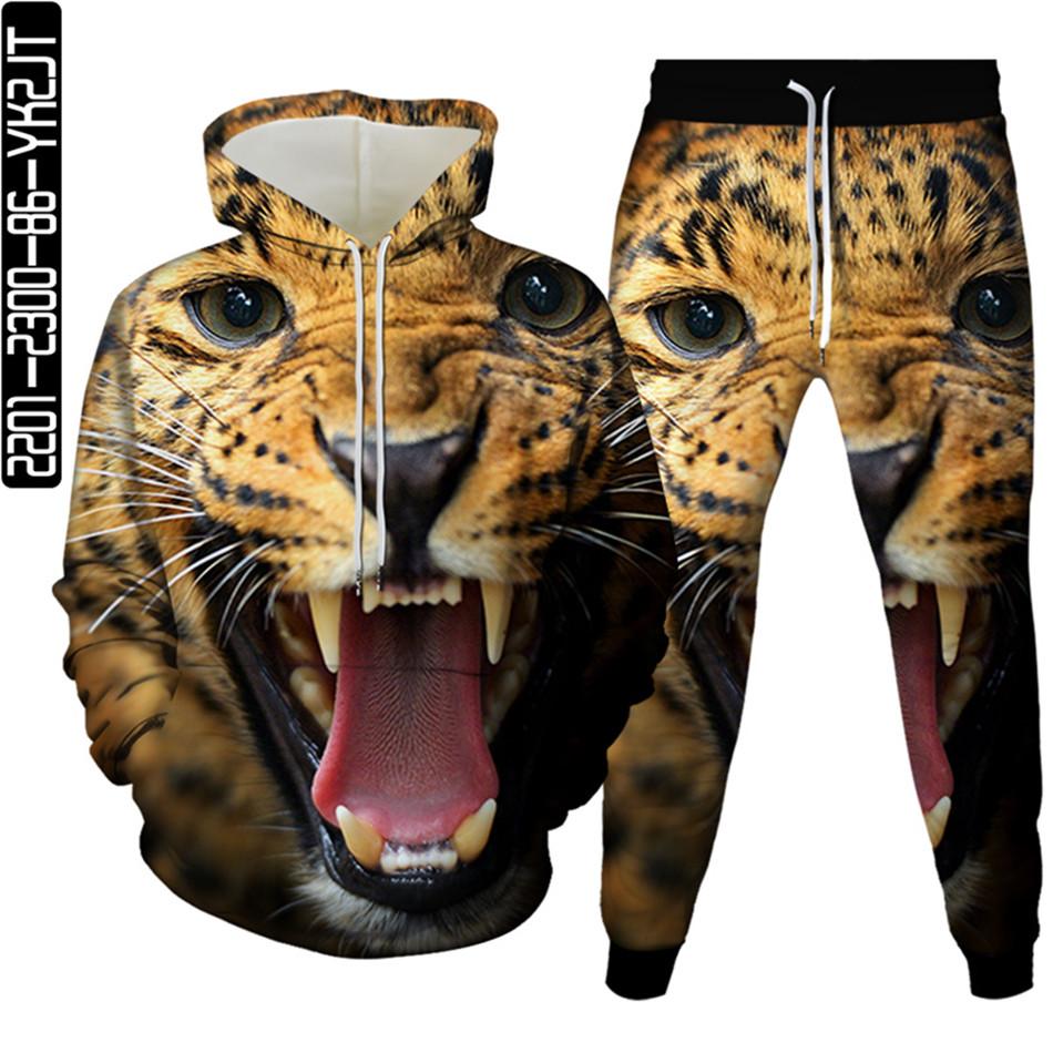 

Весенне-осенний мужской спортивный костюм с 3D принтом животных и леопарда, 2 предмета, женский спортивный костюм больших размеров S-6XL, одежда с капюшоном и брюками, спортивный комплект
