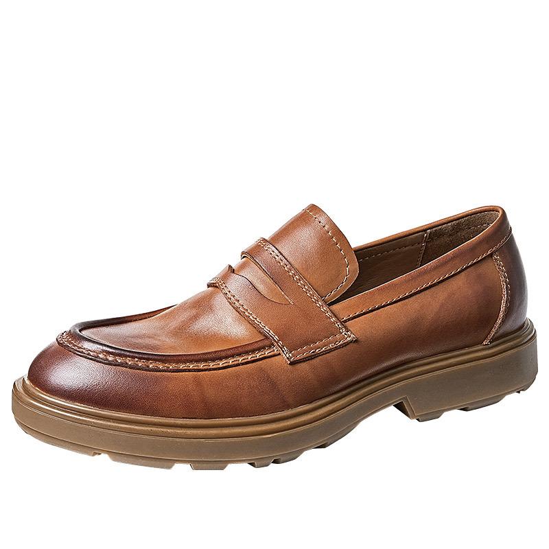 Thick-Soled Black Small Leather Shoes Men'S Genuine Leather Single Shoes British Style Versatile Loafers Retro Polish High-End