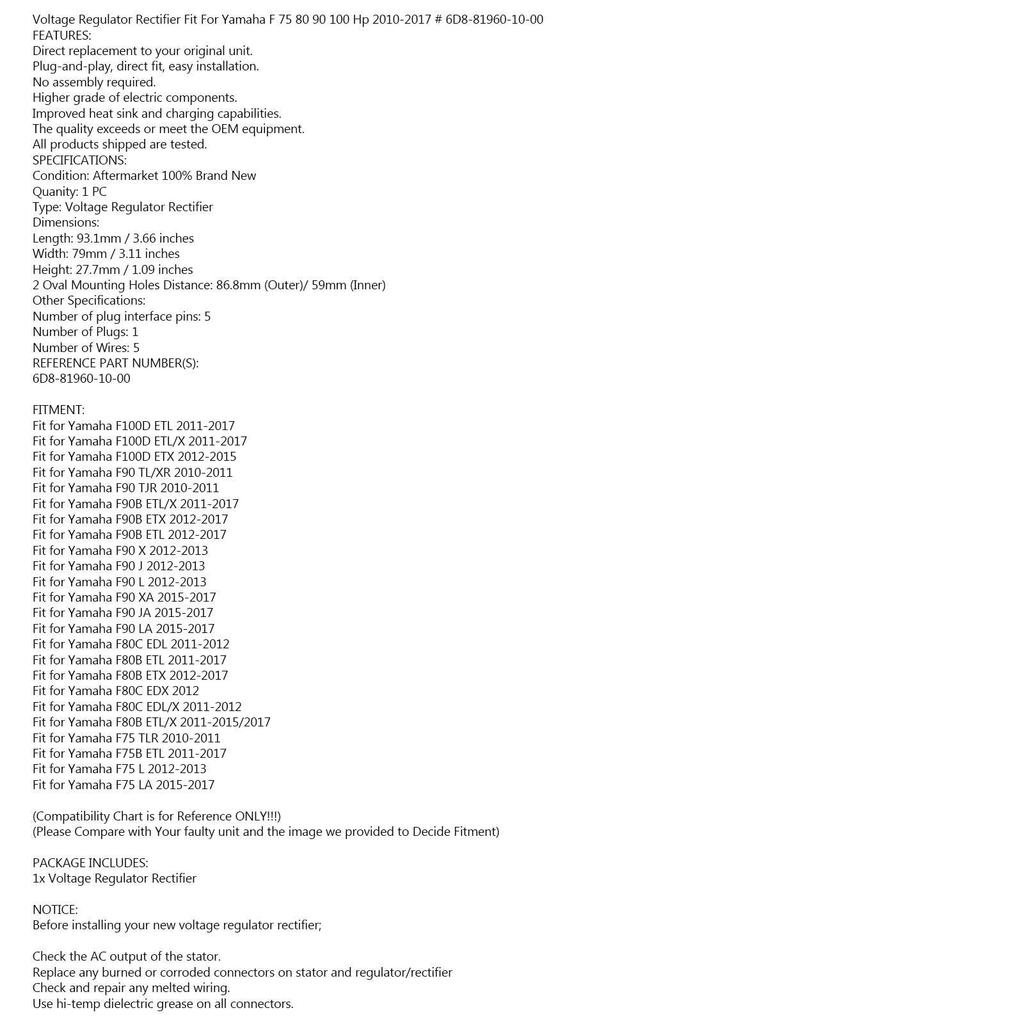 Rectifier Regulator Fit for Yamaha F 75 80 90 100 Hp 2010-2017 # 6D8-81960-10-00