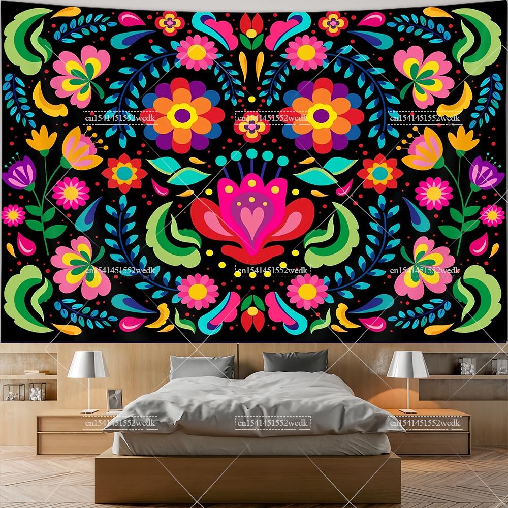 Mexiko Blumenteppich Mexikanische Pflanze Blumen Stickerei Ethnisch Otomi Vögel Wandteppiche Ästhetische Raumdeko Illustrationen Hintergrund