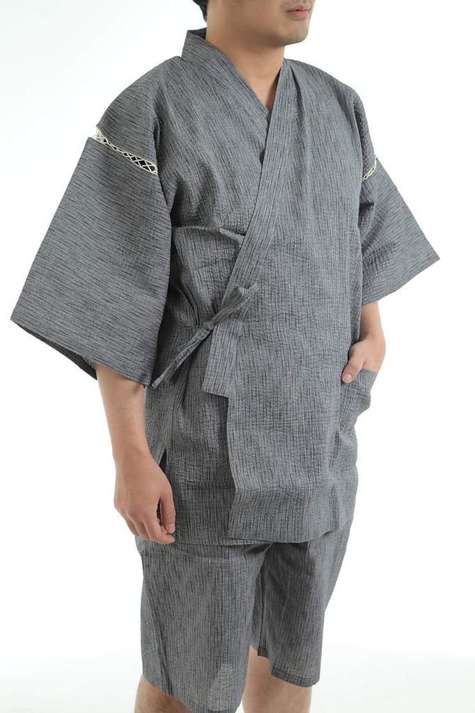 Edoten Herren Jinbei aus Shijira-Webstoff, Kühle Sommerbekleidung, 100% Baumwolle, Original bedrucktes Retro-Goldfischmuster, Hellgrau, Größe M