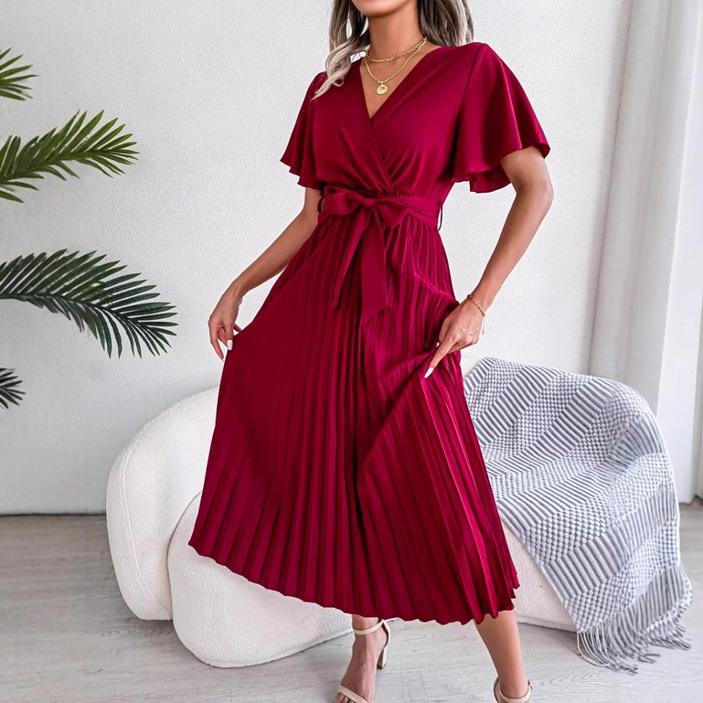 

Spring and summer temperament cross V-neck swing pleated long women s fashion dresses S червоний
