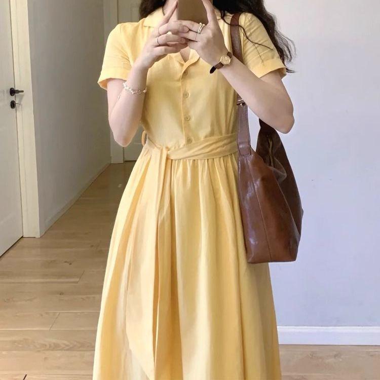 

Yellow V-Neck A-Line Summer Dress for Women: French-Inspired Slimming Waist Design S 90-110 lbs жёлтый