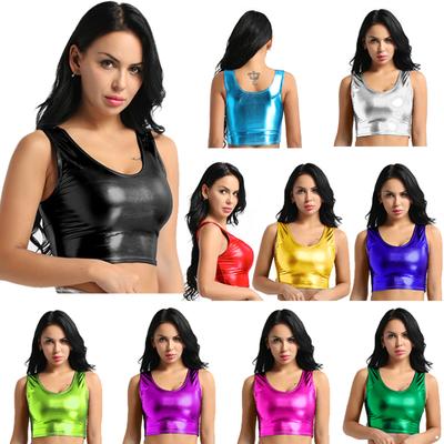 Women's Shiny Metallic Sleeveless Crop Top Rave Party Dance Tee Shirt Blouse Vest Clubwear