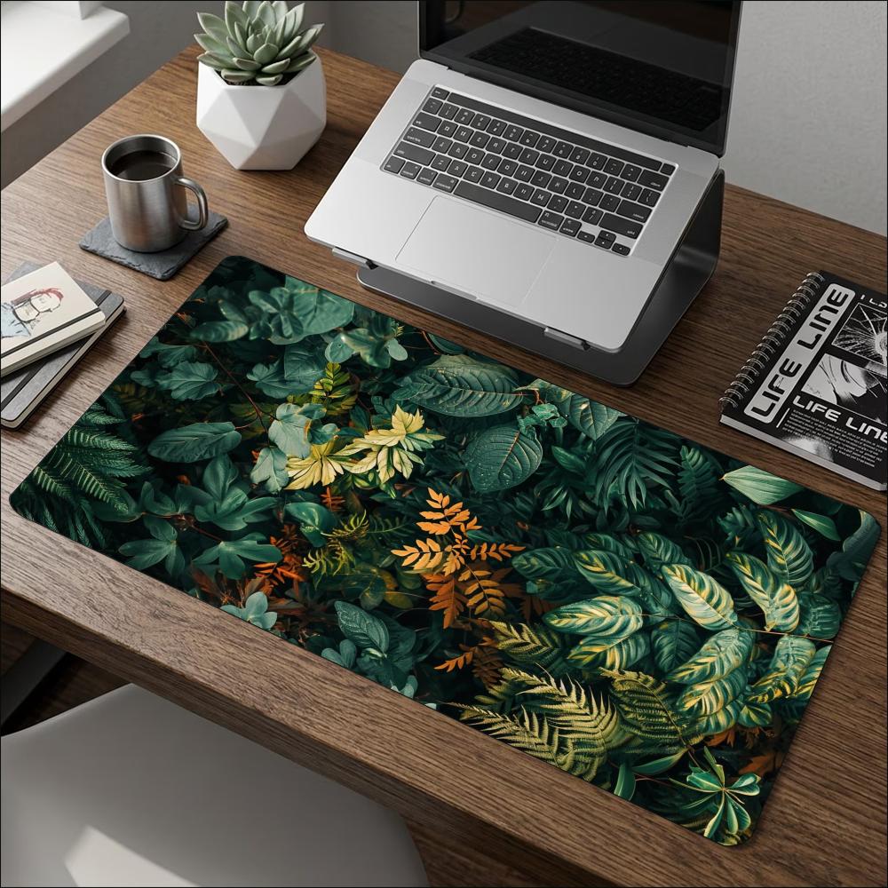 Non Slip Rubber Keyboard Desk Mat Tropical Golden Green Leaves Large Extended Gaming Mouse Pad Smooth Surface For Laptop